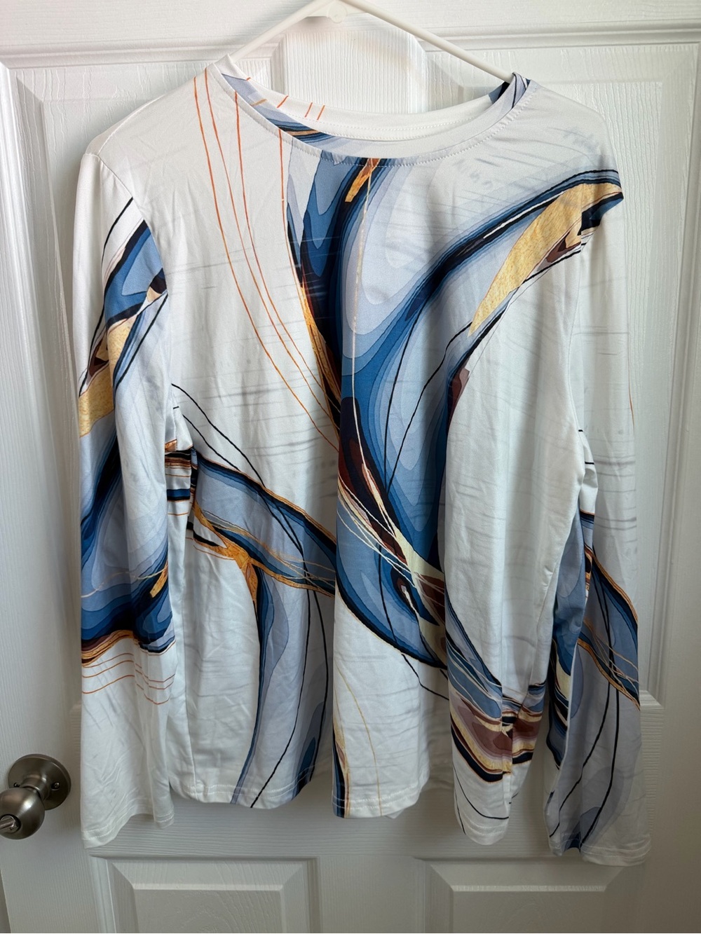 Women's White Blue Gold Abstract Crew Neck Long Sleeve Pullover Top XL